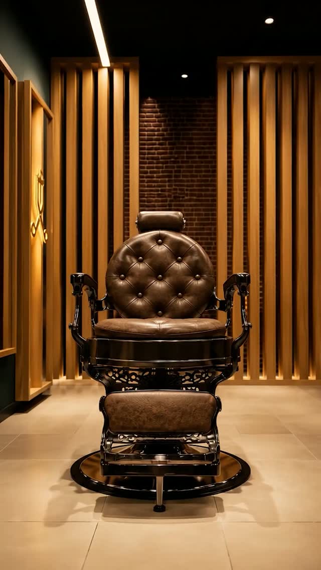 The classic brown leather barber chair framed by gold lighting