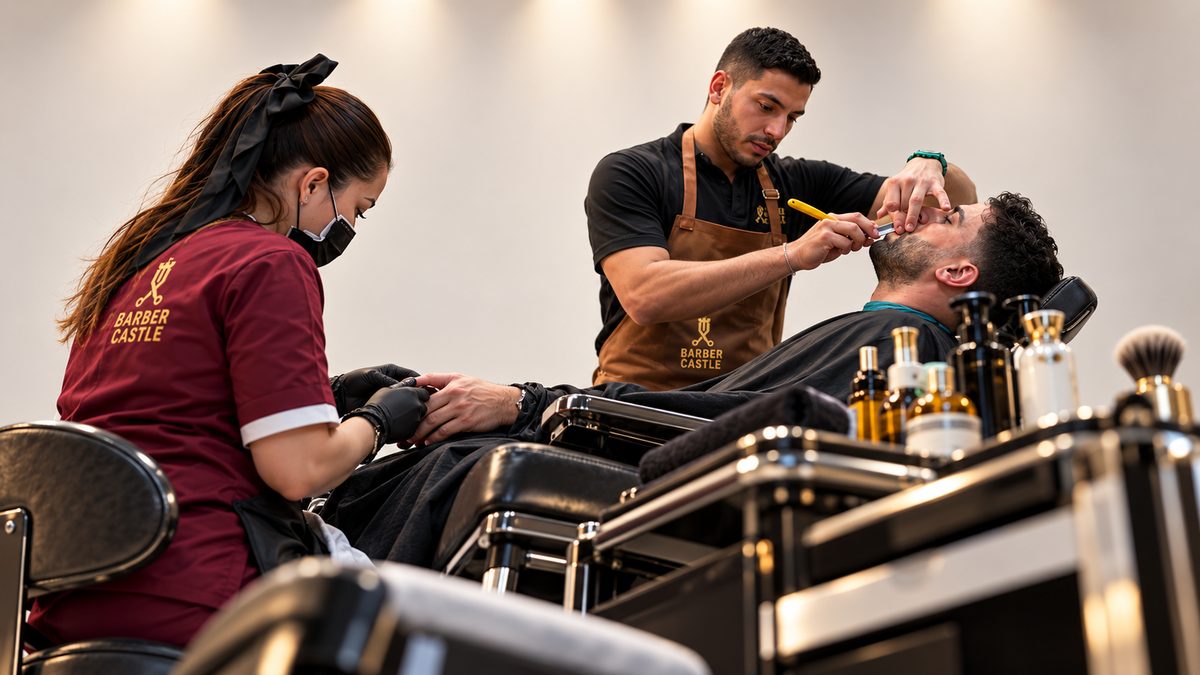 A barber finishing a straight-razor shave at a client's face while an assistant works on his hands at the same time.
